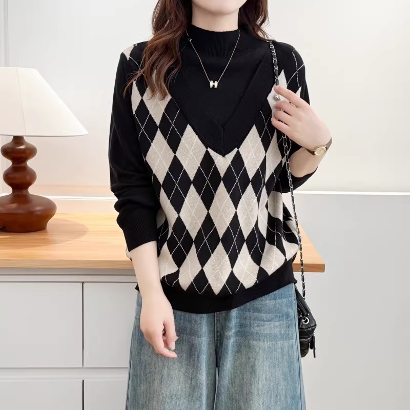 漾貝比【9155801】中大尺碼女裝 半高領拼接深V格紋背心假兩件式毛衣(38-50)-細節圖5