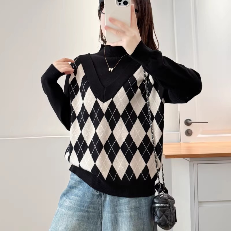 漾貝比【9155801】中大尺碼女裝 半高領拼接深V格紋背心假兩件式毛衣(38-50)-細節圖8