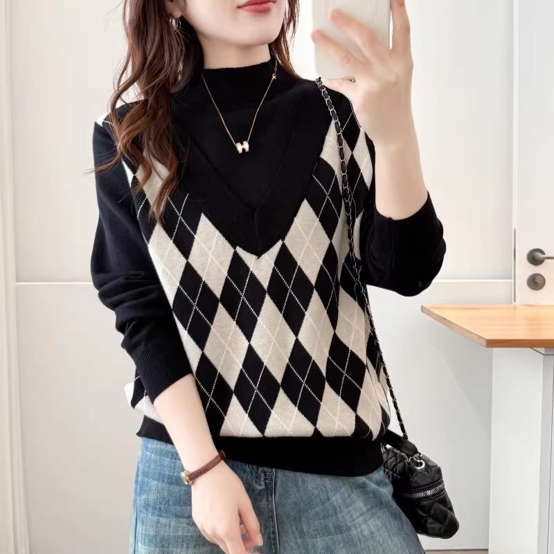 漾貝比【9155801】中大尺碼女裝 半高領拼接深V格紋背心假兩件式毛衣(38-50)-細節圖10