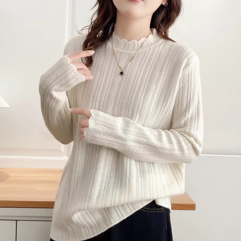 漾貝比【9155802】中大尺碼女裝 半高領木耳邊緹花坑條針織毛衣(38-50)-細節圖6