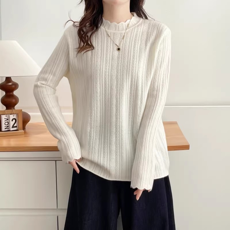 漾貝比【9155802】中大尺碼女裝 半高領木耳邊緹花坑條針織毛衣(38-50)-細節圖3