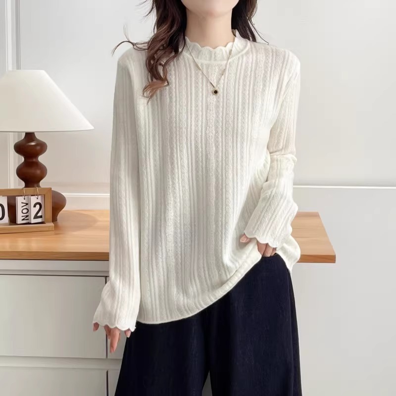 漾貝比【9155802】中大尺碼女裝 半高領木耳邊緹花坑條針織毛衣(38-50)-細節圖4