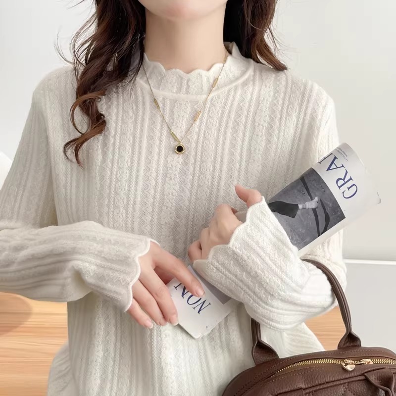 漾貝比【9155802】中大尺碼女裝 半高領木耳邊緹花坑條針織毛衣(38-50)-細節圖7