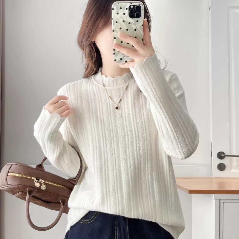 漾貝比【9155802】中大尺碼女裝 半高領木耳邊緹花坑條針織毛衣(38-50)-細節圖9