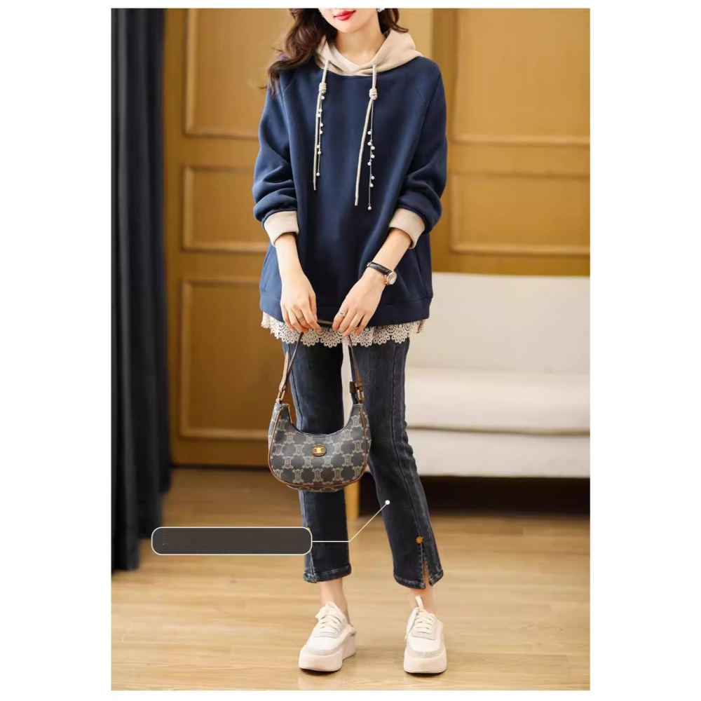 漾貝比【9155808】中大尺碼女裝 下襬蕾絲花邊撞色連帽加絨加厚上衣(38-58)-細節圖5