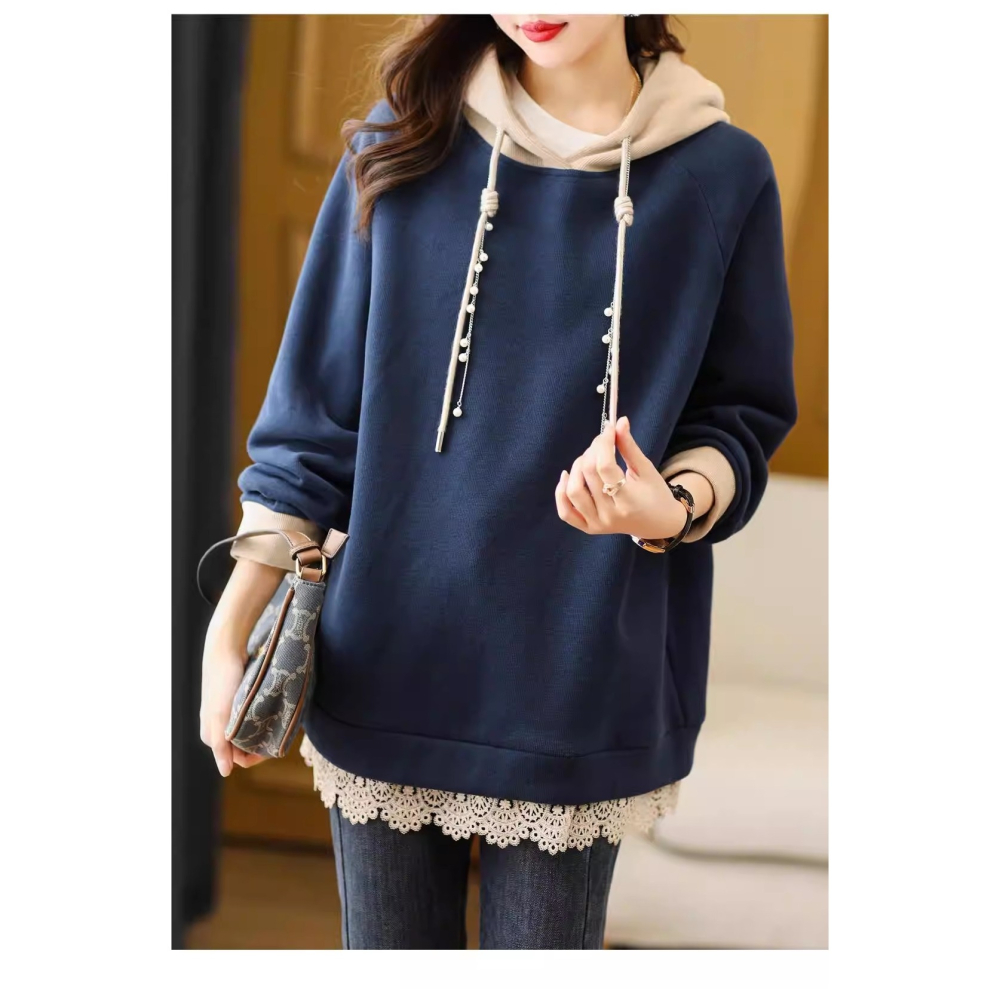 漾貝比【9155808】中大尺碼女裝 下襬蕾絲花邊撞色連帽加絨加厚上衣(38-58)-細節圖6