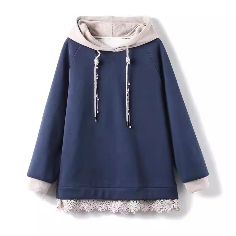 漾貝比【9155808】中大尺碼女裝 下襬蕾絲花邊撞色連帽加絨加厚上衣(38-58)-細節圖8