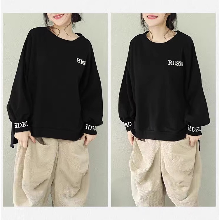 漾貝比【9155810】中大尺碼女裝 袖口領口英文印刷慵懶風織衣上衣(40-50)-細節圖4