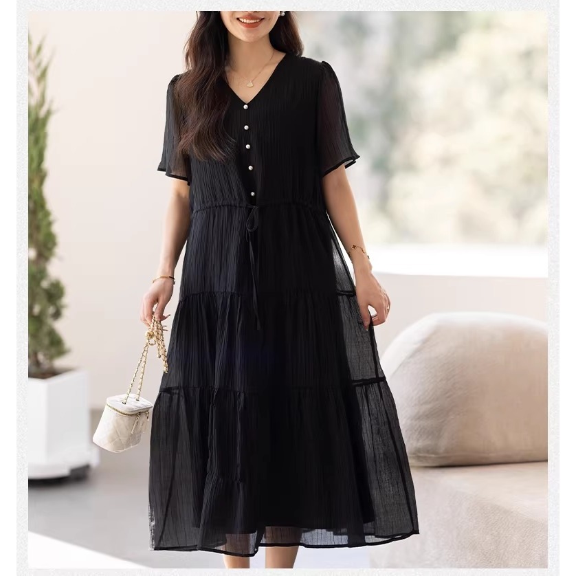 漾貝比【9155827】中大尺碼女裝 V領珍珠釦天絲混紡中長版A字洋裝(36-46)-細節圖2