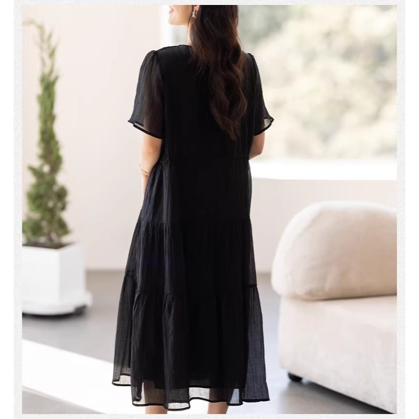 漾貝比【9155827】中大尺碼女裝 V領珍珠釦天絲混紡中長版A字洋裝(36-46)-細節圖4