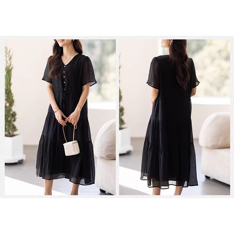 漾貝比【9155827】中大尺碼女裝 V領珍珠釦天絲混紡中長版A字洋裝(36-46)-細節圖5