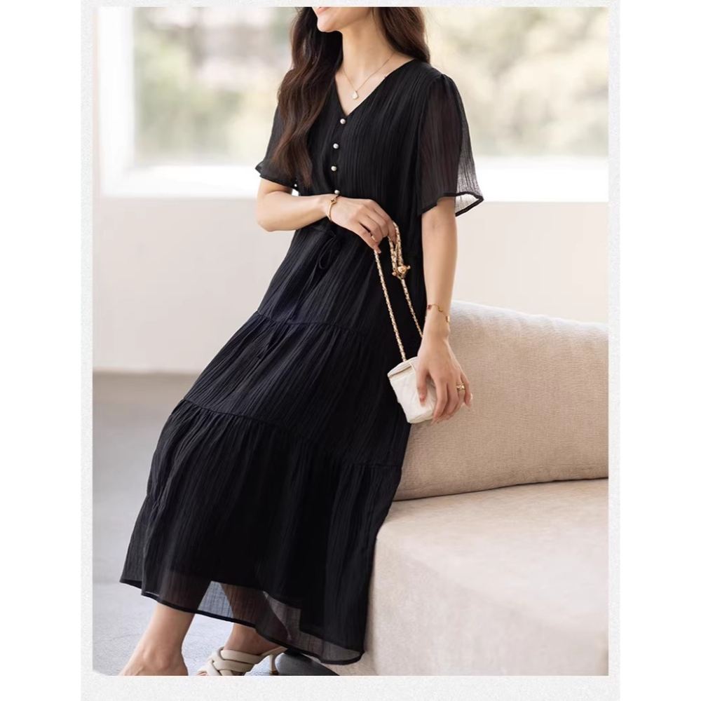 漾貝比【9155827】中大尺碼女裝 V領珍珠釦天絲混紡中長版A字洋裝(36-46)-細節圖6