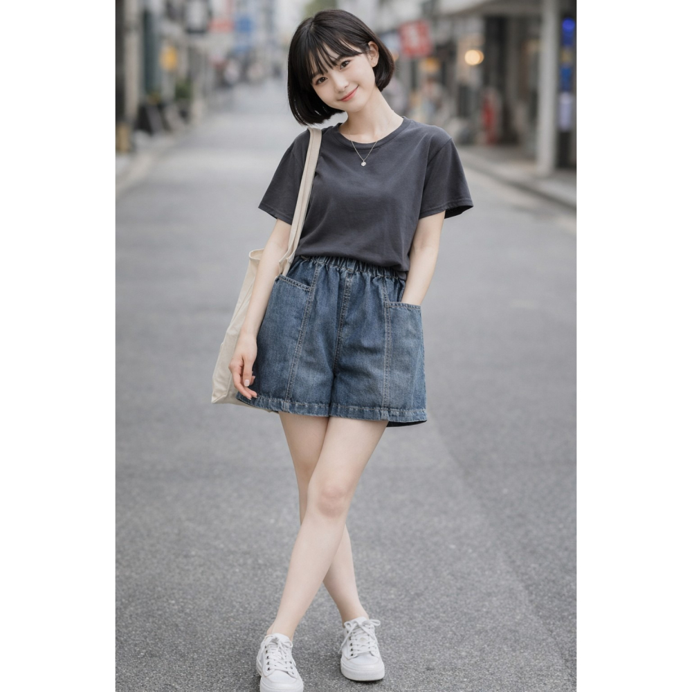 漾貝比【9155834】中大尺碼女裝 大方口袋小布標鬆緊牛仔短褲(30-40)-細節圖3