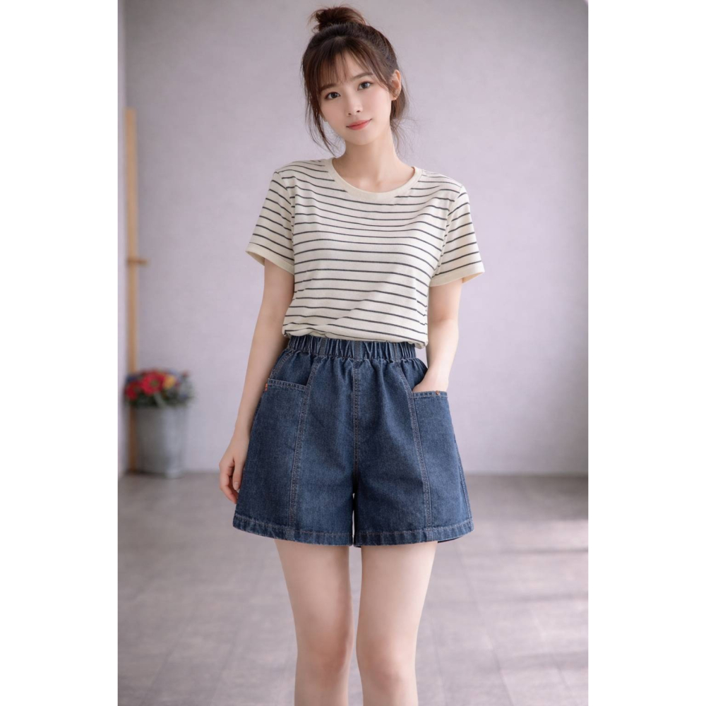 漾貝比【9155834】中大尺碼女裝 大方口袋小布標鬆緊牛仔短褲(30-40)-細節圖5