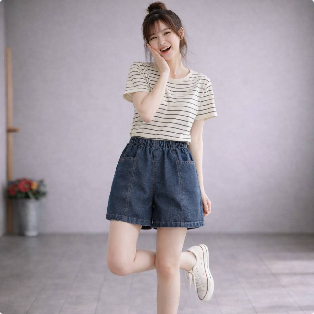 漾貝比【9155834】中大尺碼女裝 大方口袋小布標鬆緊牛仔短褲(30-40)-細節圖6