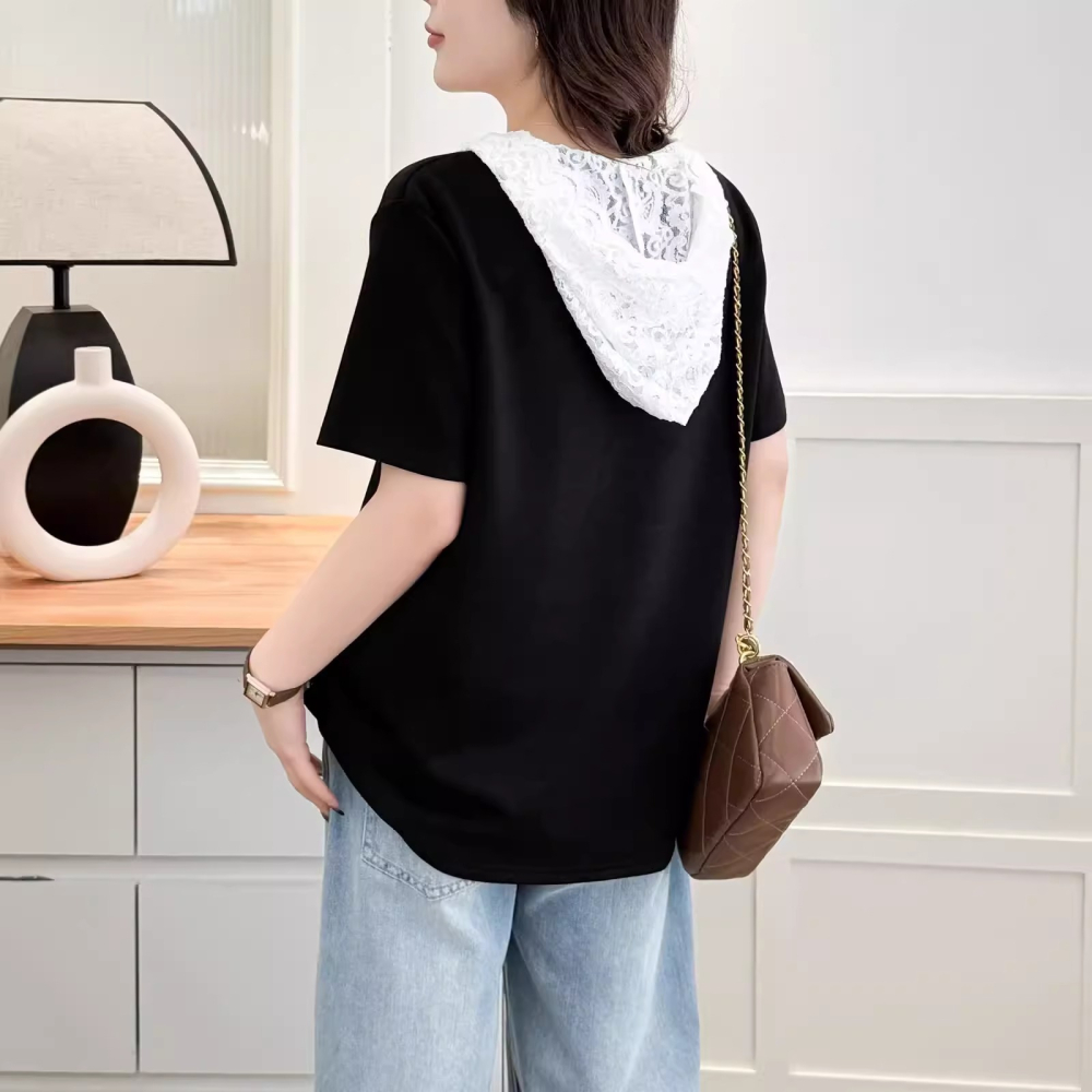 漾貝比【9155835】中大尺碼女裝 氣質甜美V領拼接蕾絲帽上衣(36-48)-細節圖4