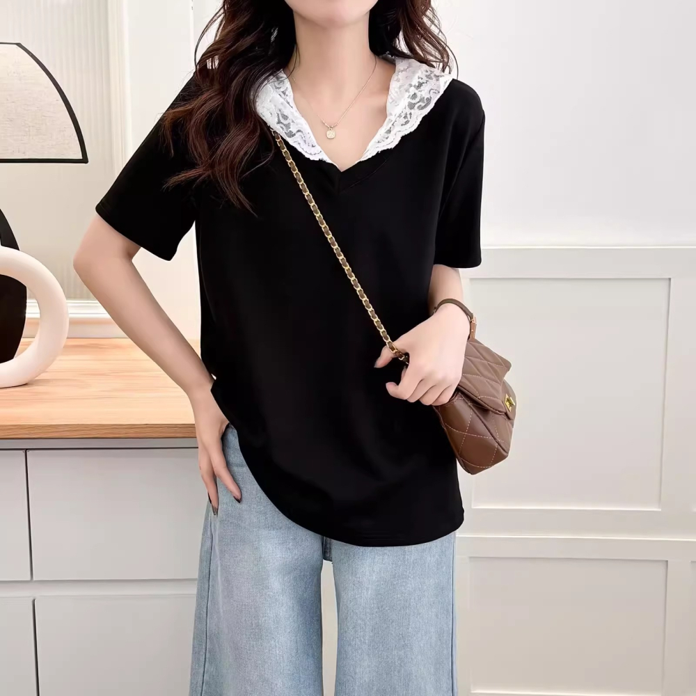 漾貝比【9155835】中大尺碼女裝 氣質甜美V領拼接蕾絲帽上衣(36-48)-細節圖5