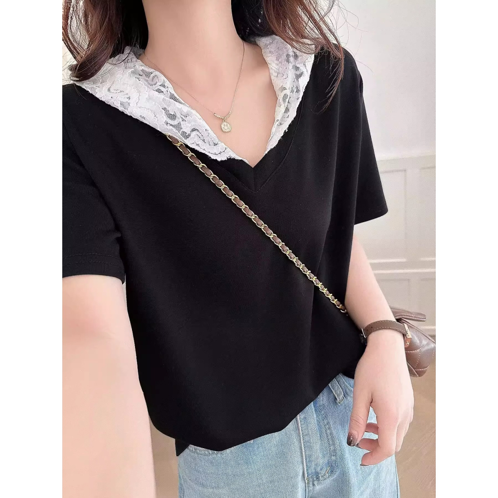 漾貝比【9155835】中大尺碼女裝 氣質甜美V領拼接蕾絲帽上衣(36-48)-細節圖6