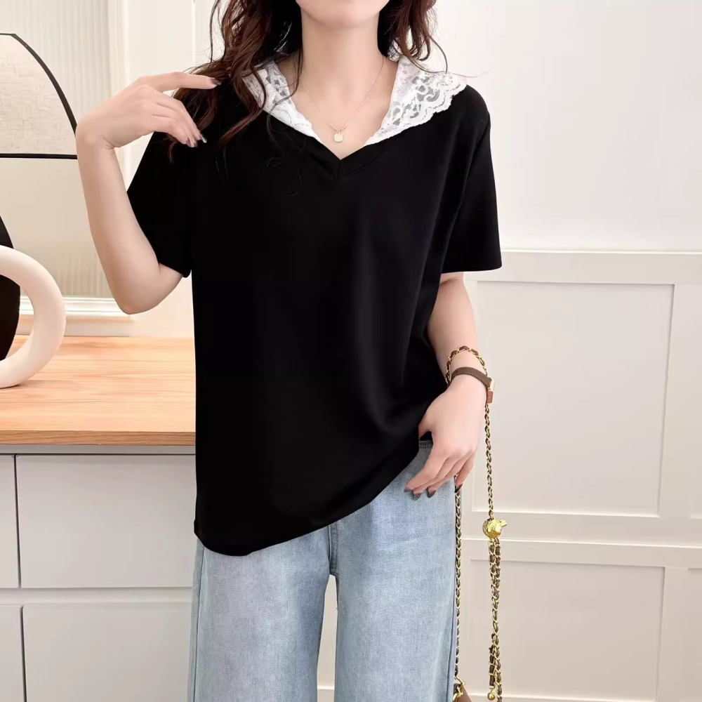 漾貝比【9155835】中大尺碼女裝 氣質甜美V領拼接蕾絲帽上衣(36-48)-細節圖7