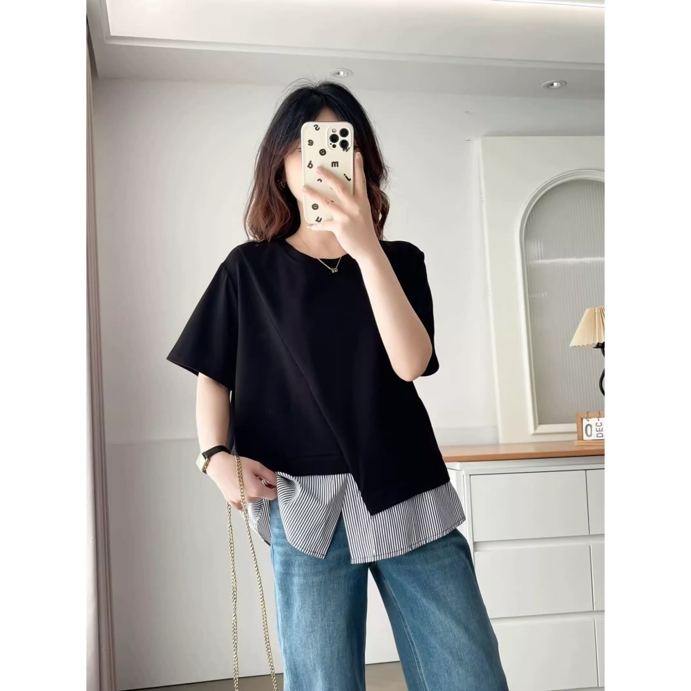 漾貝比【9155836】中大尺碼女裝 不規則拼接條紋下擺假兩件式上衣(36-51)-細節圖3