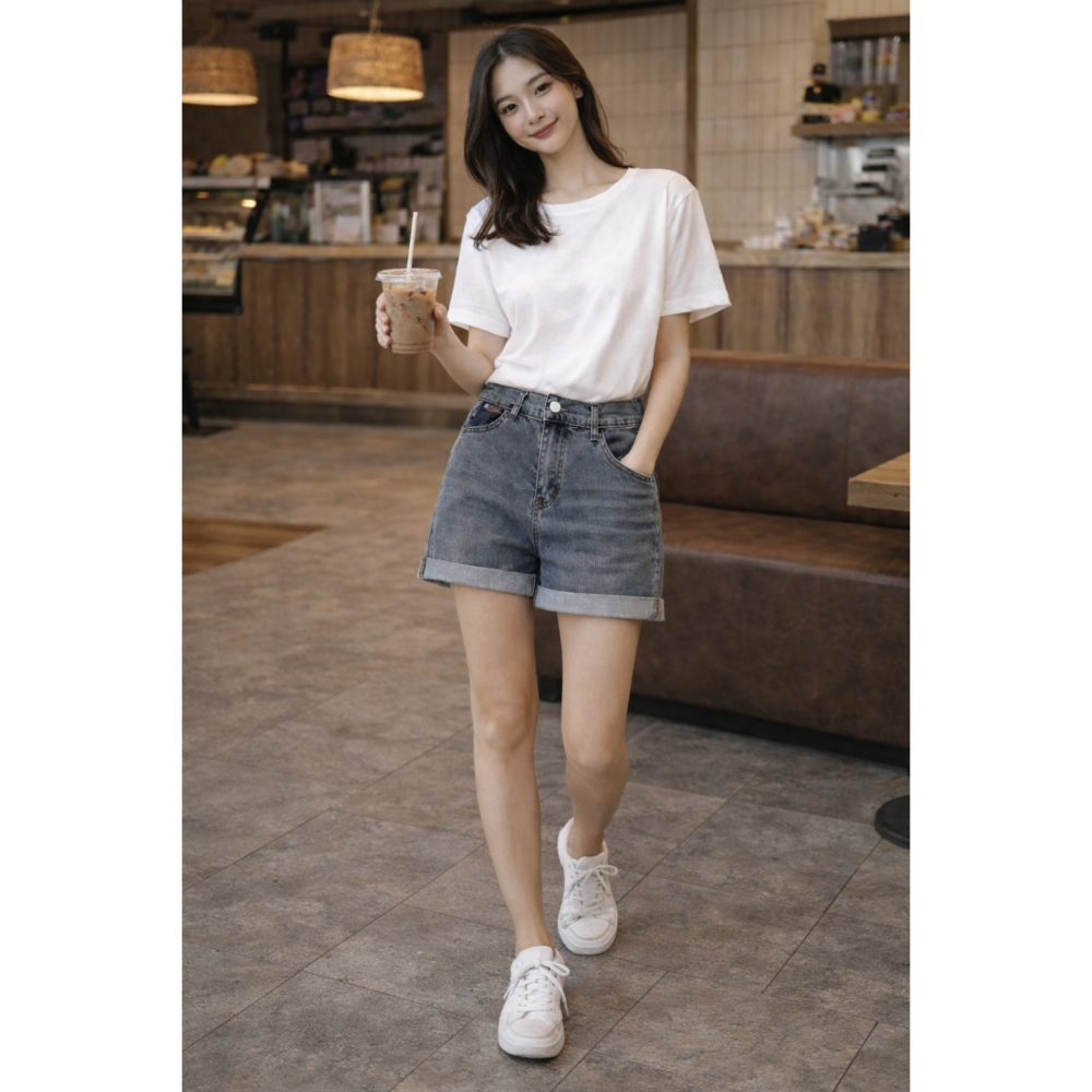 漾貝比【9155837】中大尺碼女裝 後鬆緊彈性優撞色貼標反摺牛仔短褲．共2色(28-42)-細節圖8