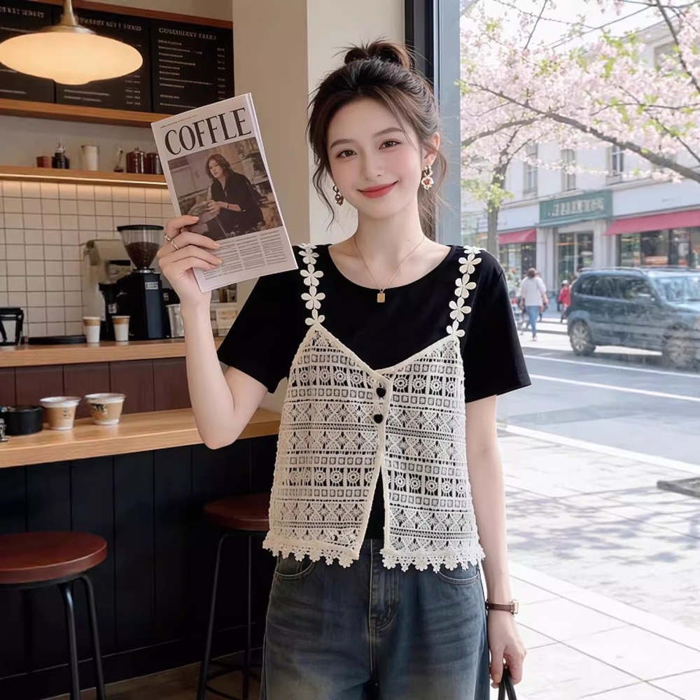 漾貝比【9155845】中大尺碼女裝 花邊蕾絲背心假兩件式上衣(34-42)-細節圖2