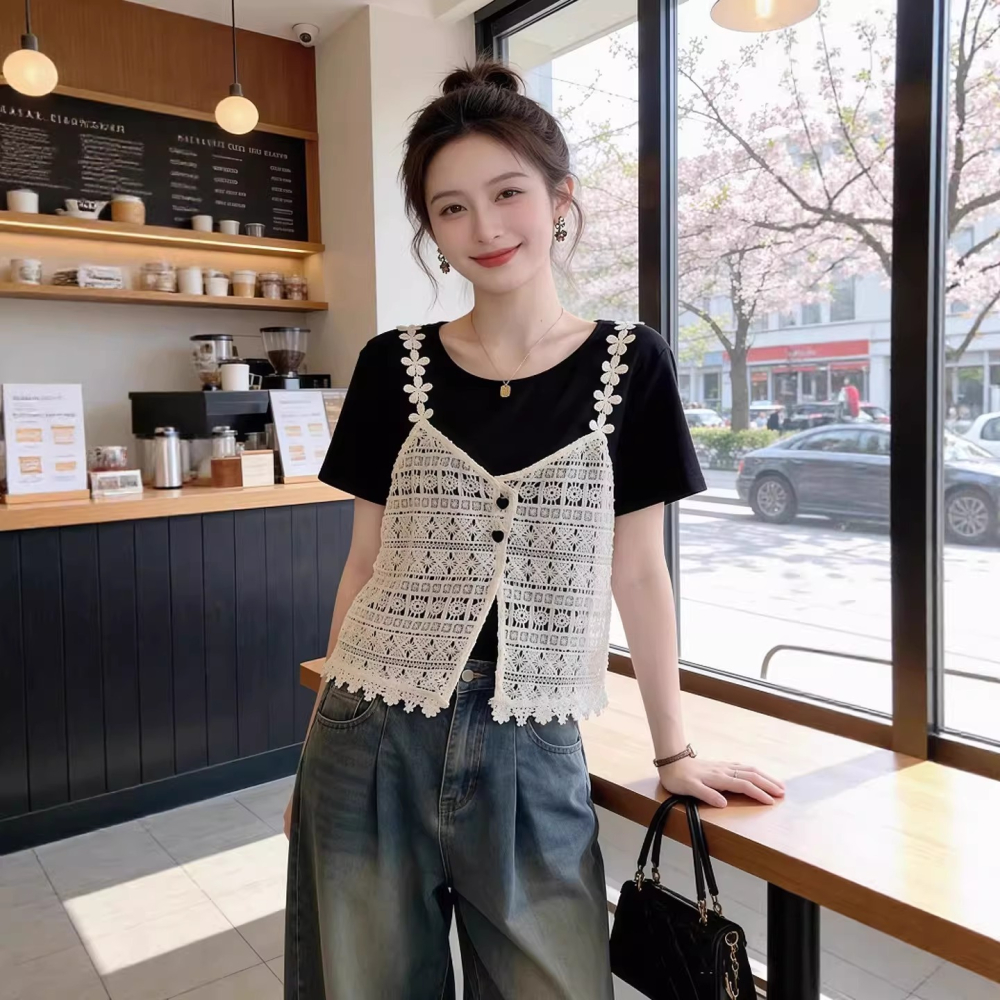 漾貝比【9155845】中大尺碼女裝 花邊蕾絲背心假兩件式上衣(34-42)-細節圖3