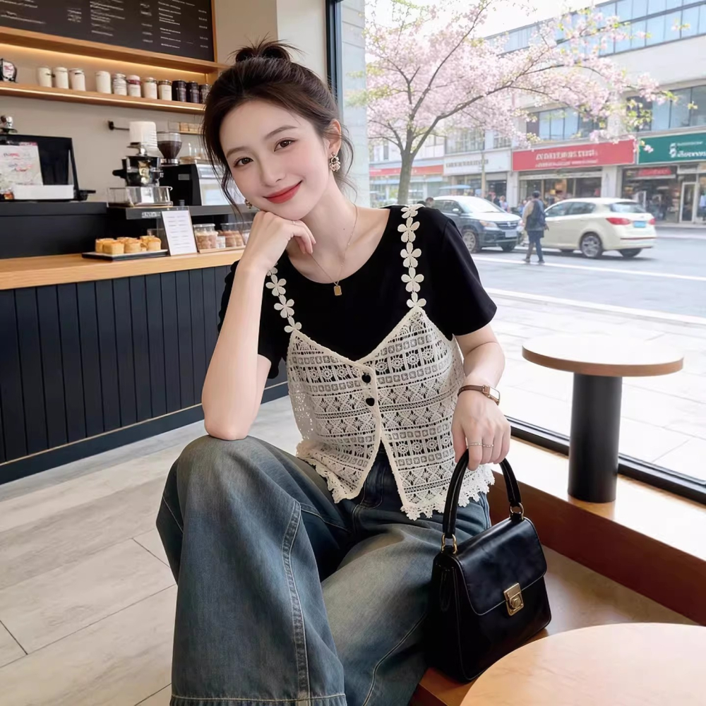 漾貝比【9155845】中大尺碼女裝 花邊蕾絲背心假兩件式上衣(34-42)-細節圖4