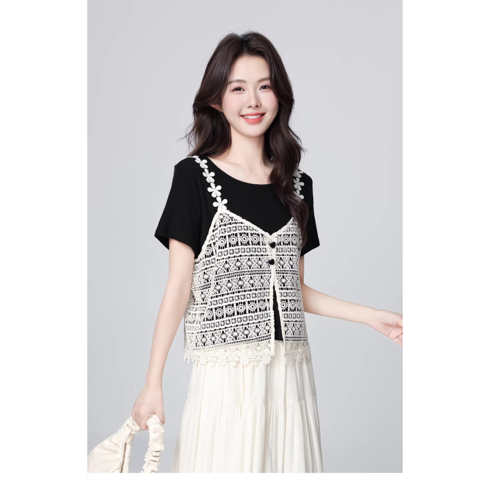 漾貝比【9155845】中大尺碼女裝 花邊蕾絲背心假兩件式上衣(34-42)-細節圖5