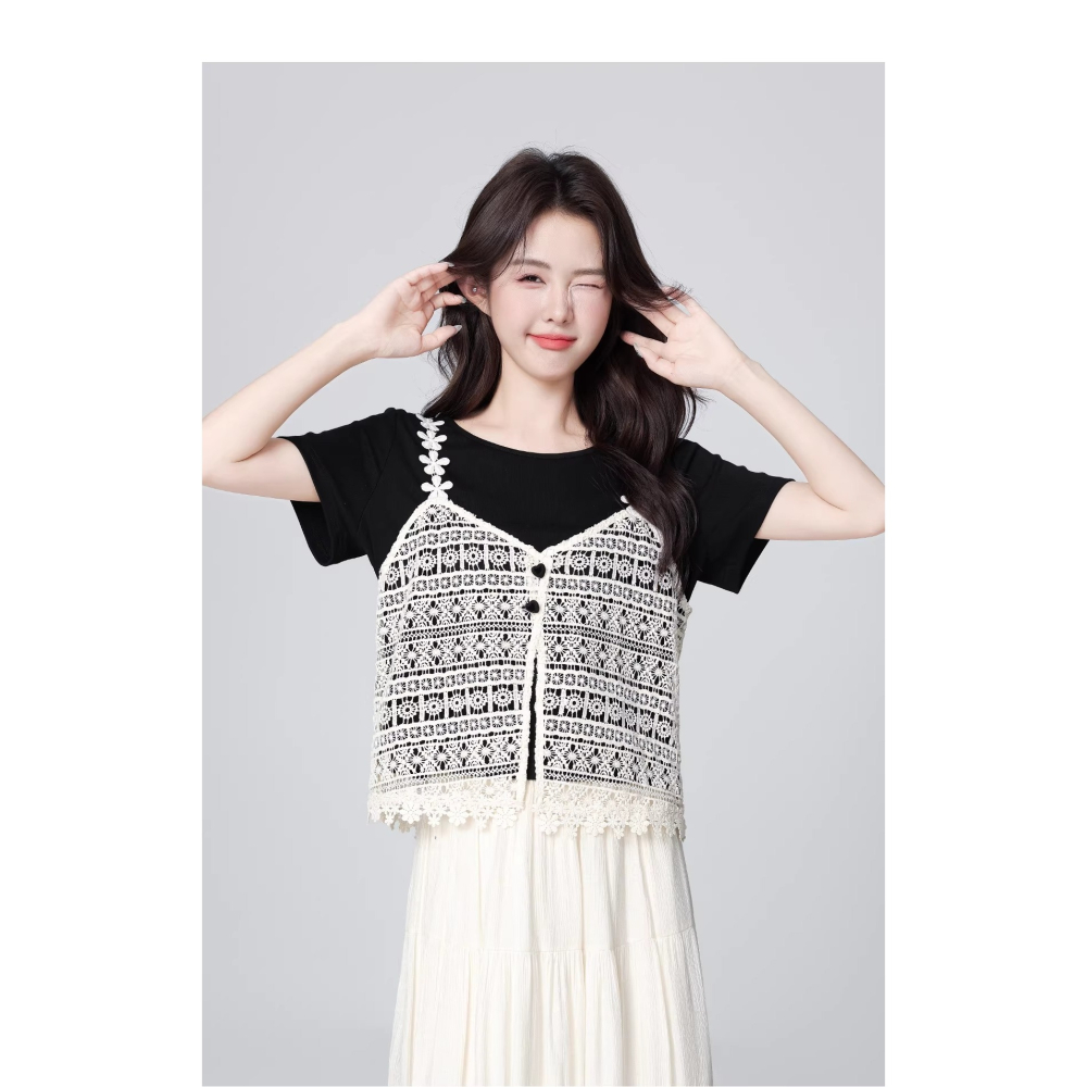 漾貝比【9155845】中大尺碼女裝 花邊蕾絲背心假兩件式上衣(34-42)-細節圖6