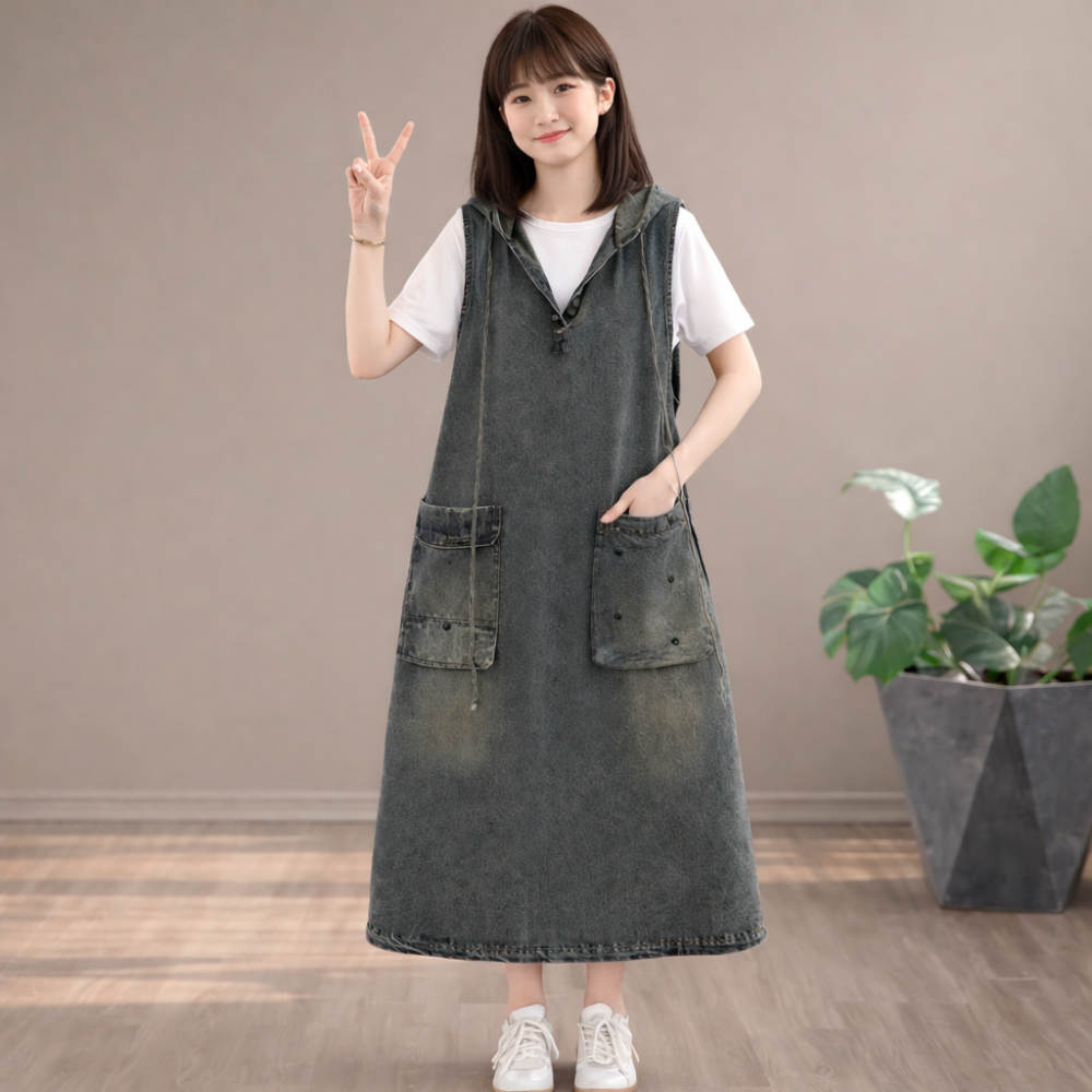 漾貝比【9155878】中大尺碼女裝 韓系愛心印花口袋牛仔連帽吊帶裙(38-46)-細節圖2