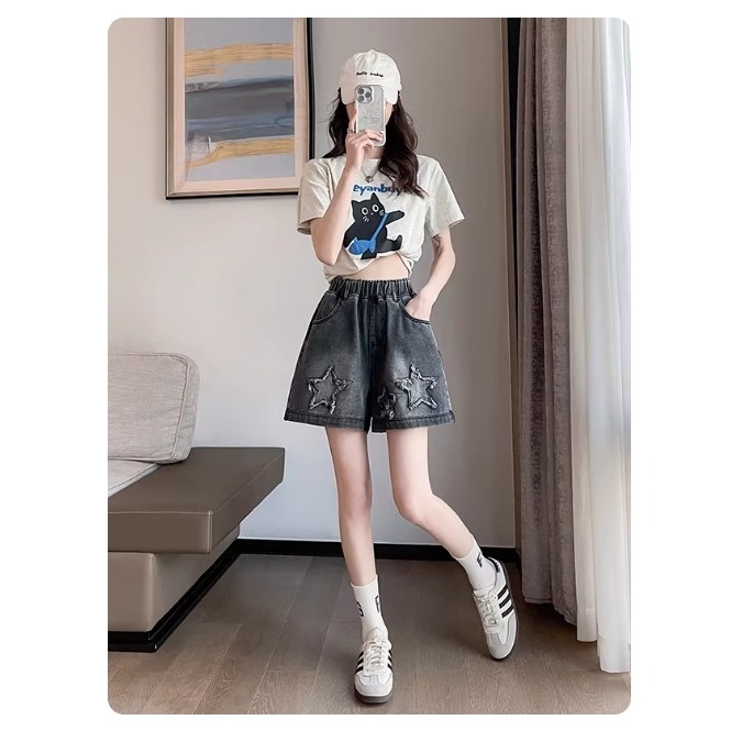 漾貝比【9155881】中大尺碼女裝 高腰酷酷星星貼布鬆緊牛仔短褲(32-45)-細節圖3