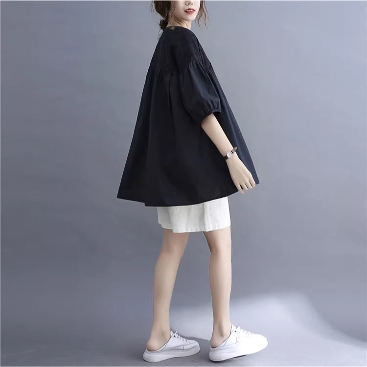 漾貝比【9155885】中大尺碼女裝 V領刺繡鏤空寬鬆娃娃上衣．黑(40-51)-細節圖8
