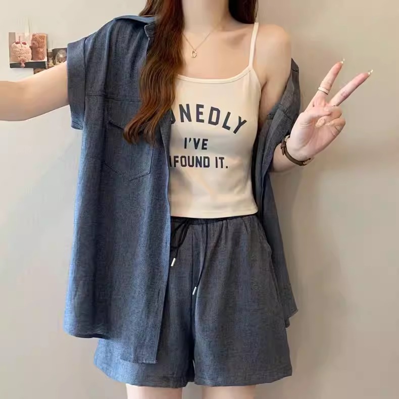 漾貝比【9155896】中大尺碼女裝 輕氧感藍調襯衫短褲休閒套裝 (36-57)-細節圖3