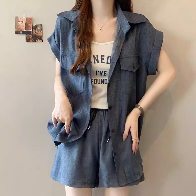 漾貝比【9155896】中大尺碼女裝 輕氧感藍調襯衫短褲休閒套裝 (36-57)-細節圖6