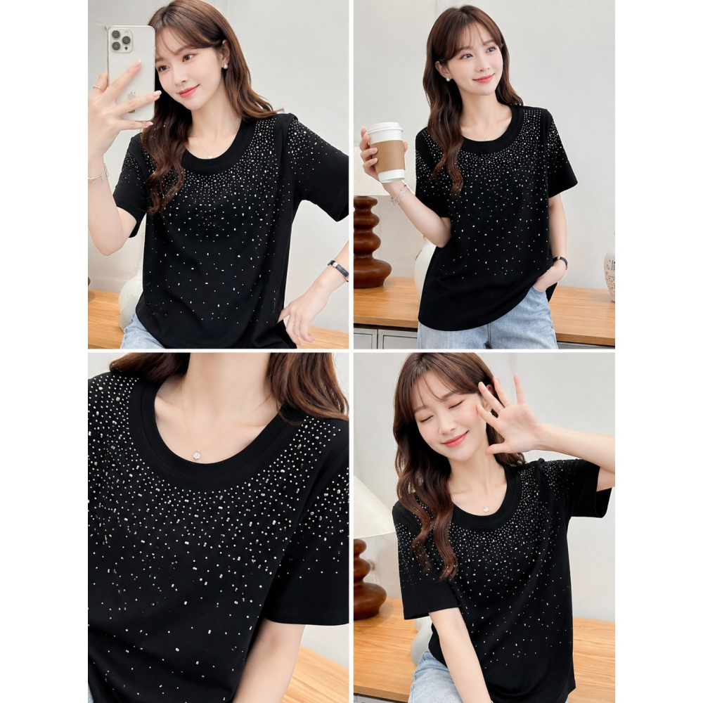 漾貝比【9155929】中大尺碼女裝 夏季圓領閃亮彩鑽短袖上衣．共2色(36-51)-細節圖4