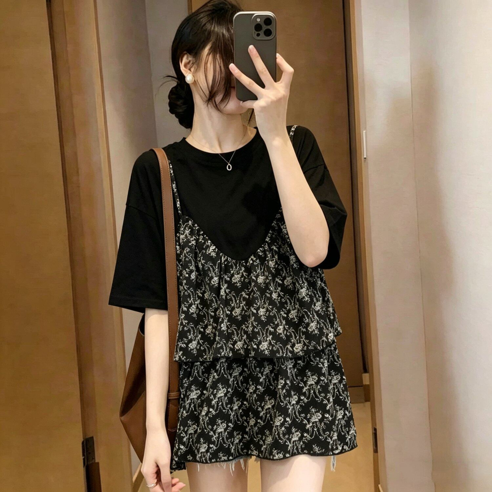 漾貝比【9155939】中大尺碼女裝 韓系碎花吊帶背心假兩件上衣(36-48)-細節圖6