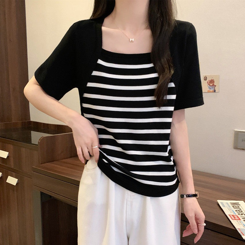 漾貝比【9155940】中大尺碼女裝 大方方領條紋針織假兩件式上衣(36-47)-細節圖5