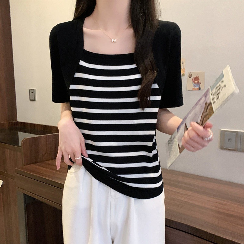漾貝比【9155940】中大尺碼女裝 大方方領條紋針織假兩件式上衣(36-47)-細節圖6