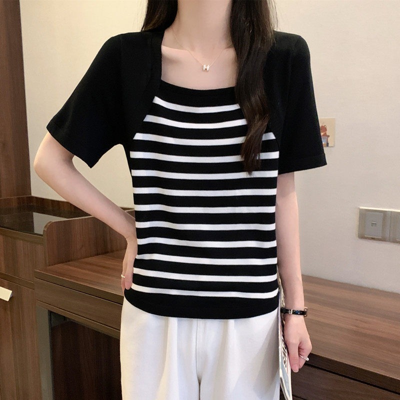 漾貝比【9155940】中大尺碼女裝 大方方領條紋針織假兩件式上衣(36-47)-細節圖7