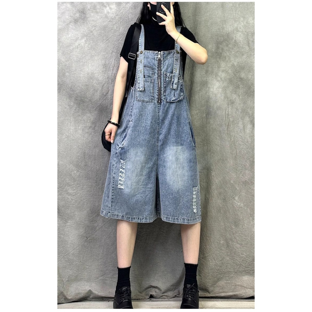 漾貝比【9155943】中大尺碼女裝 顯瘦減齡拉鍊工裝吊帶牛仔褲．共2色(32-40)-細節圖4