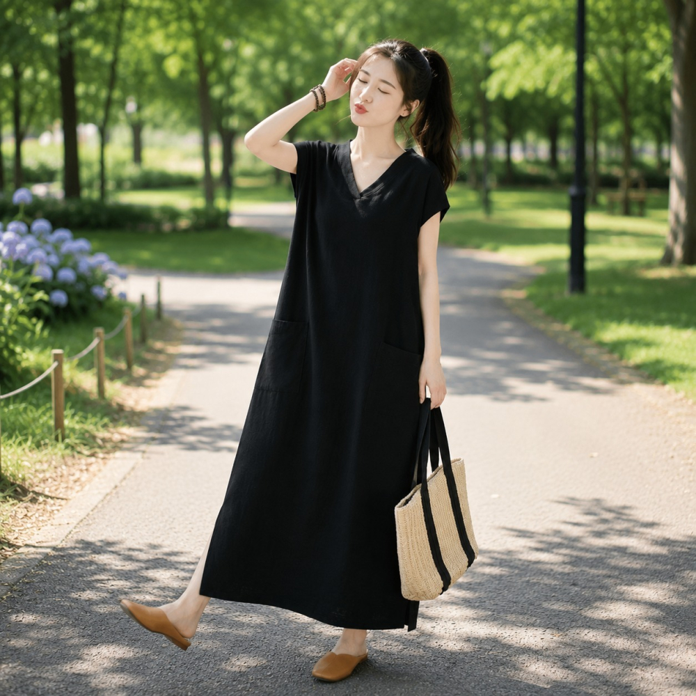 漾貝比【9155944】中大尺碼女裝 森呼吸顯瘦V領口袋長洋裝．共2色(40-52)-細節圖4