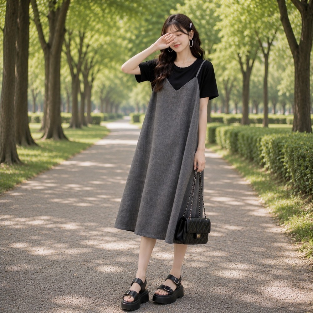 漾貝比【9155958】中大尺碼女裝 文青灰色吊帶裙撞色假兩件洋裝(36-47)-細節圖5