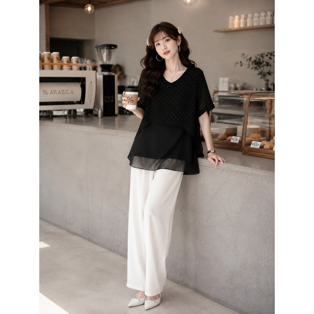 漾貝比【9155973】中大尺碼女裝 V領星點水鑽名媛雪紡假兩件式上衣(36-49)-細節圖4