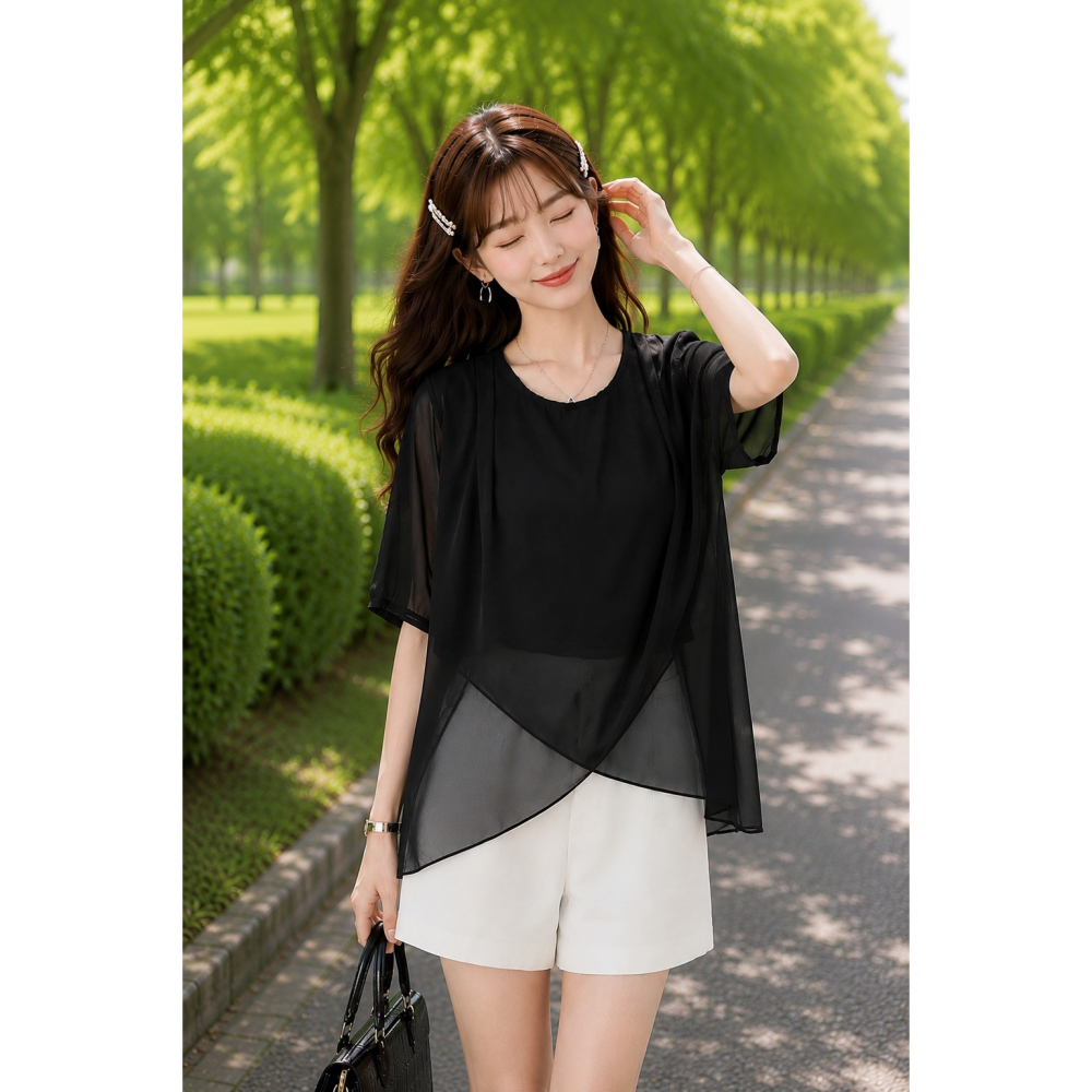 漾貝比【9155978】中大尺碼女裝 優雅氣質前襬層次交叉假兩件雪紡上衣(36-49)-細節圖6