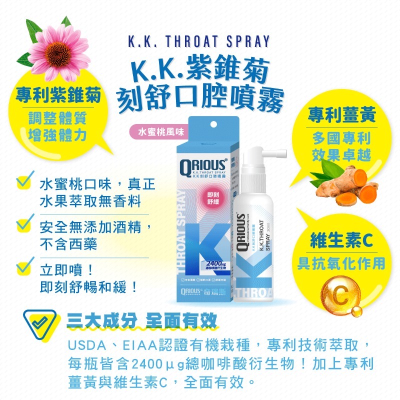 QRIOUS®奇瑞斯 紫錐菊KK刻舒口腔噴霧 水蜜桃風味(30ml/瓶-細節圖2