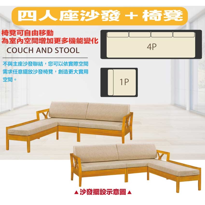 【綠家居】多優柚木色亞麻布L型實木沙發椅(四人座＋椅凳組合-細節圖5