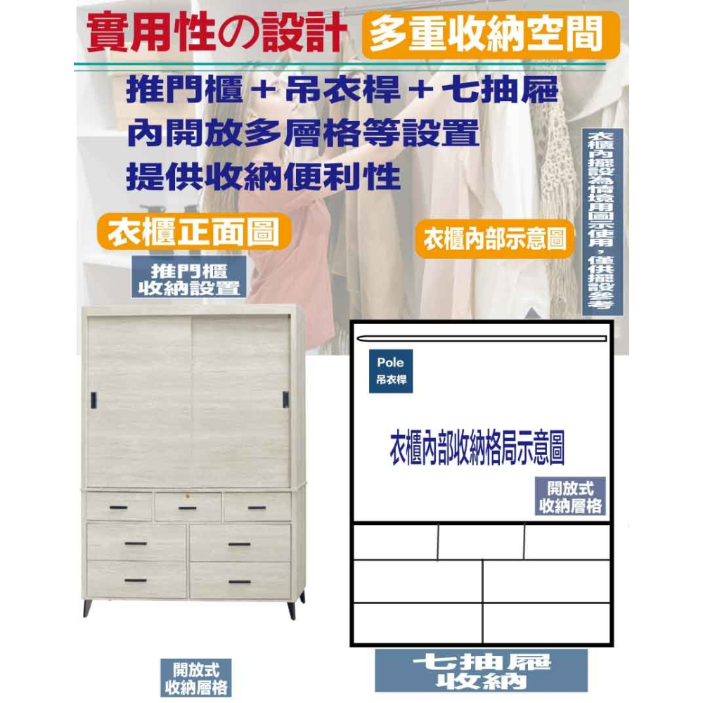 【綠家居】賽斯4.1尺推門七抽衣櫃(二色可選)-細節圖6