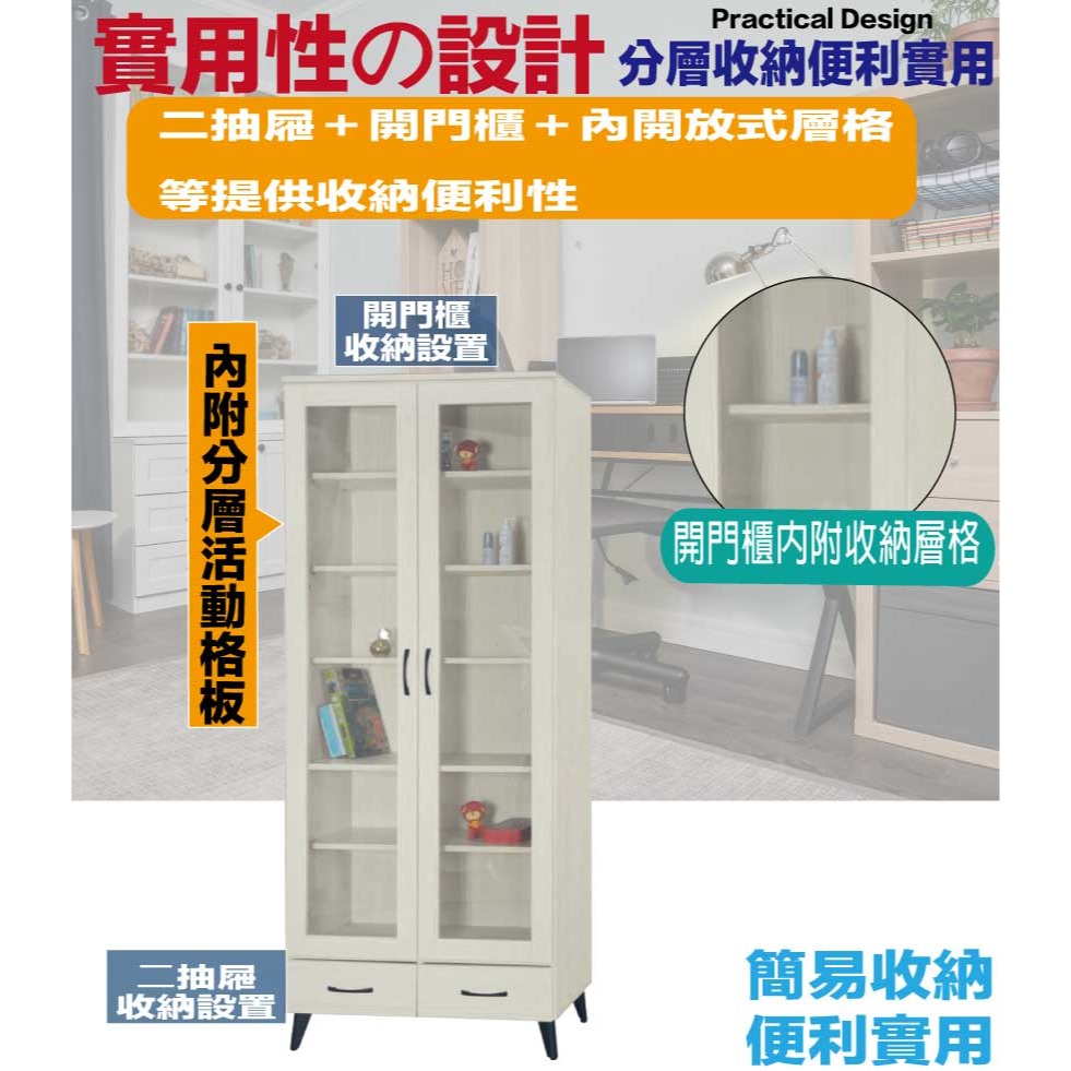 【綠家居】田野2.7尺二門二抽書櫃(四色可選)-細節圖7