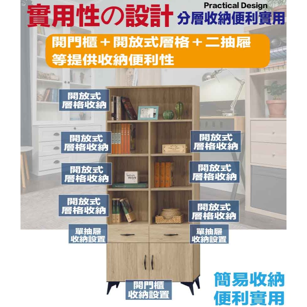 【緣家居】伊爾2.7尺二門二抽書櫃-細節圖6